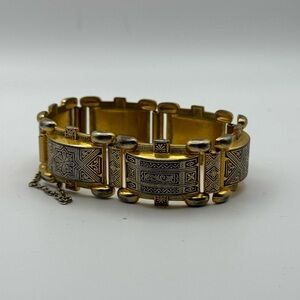 Vintage Gold Toledo Damascene Link Bracelet Safety Chain Ornate Goldtone Chunky